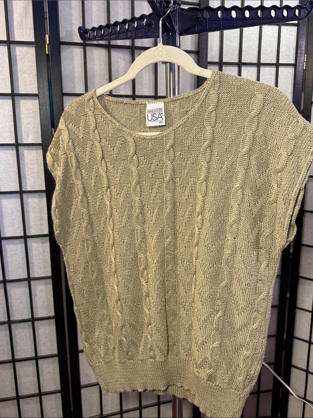 Beige Cable-Knit Short Sleeve Scoop Neck Sweater